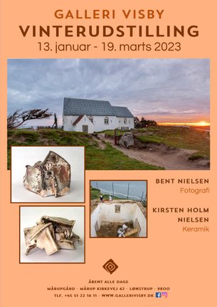 Galleri Visbys særudstillingsplakat til vinterudstillingen 2023 med fotograf Bent Nielsen og keramiker Kirsten Holm NIelsen